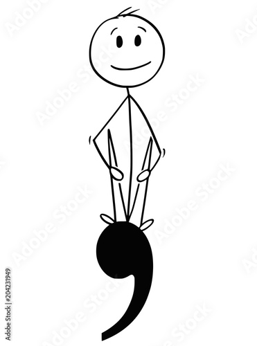 Cartoon stick man drawing conceptual illustration of businessman and big decimal separator or point or comma symbol or sign. Part of set.