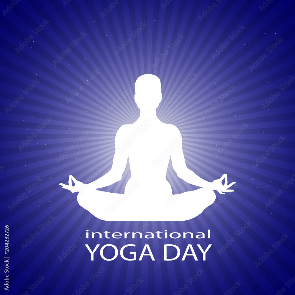 Famale or person body in yoga lotus asana in rays on bright blue starry space background. White silhouette of a woman in a lotus pose. International yoga day Vector illustration eps10 Famale or person body in yoga lotus asana in rays on bright blue starry space background. White silhouette of a woman in a lotus pose. International yoga day Vector illustration eps10