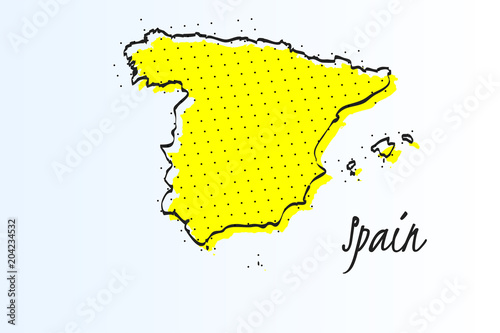 Map of Spain, halftone abstract background. drawn border line and yellow color