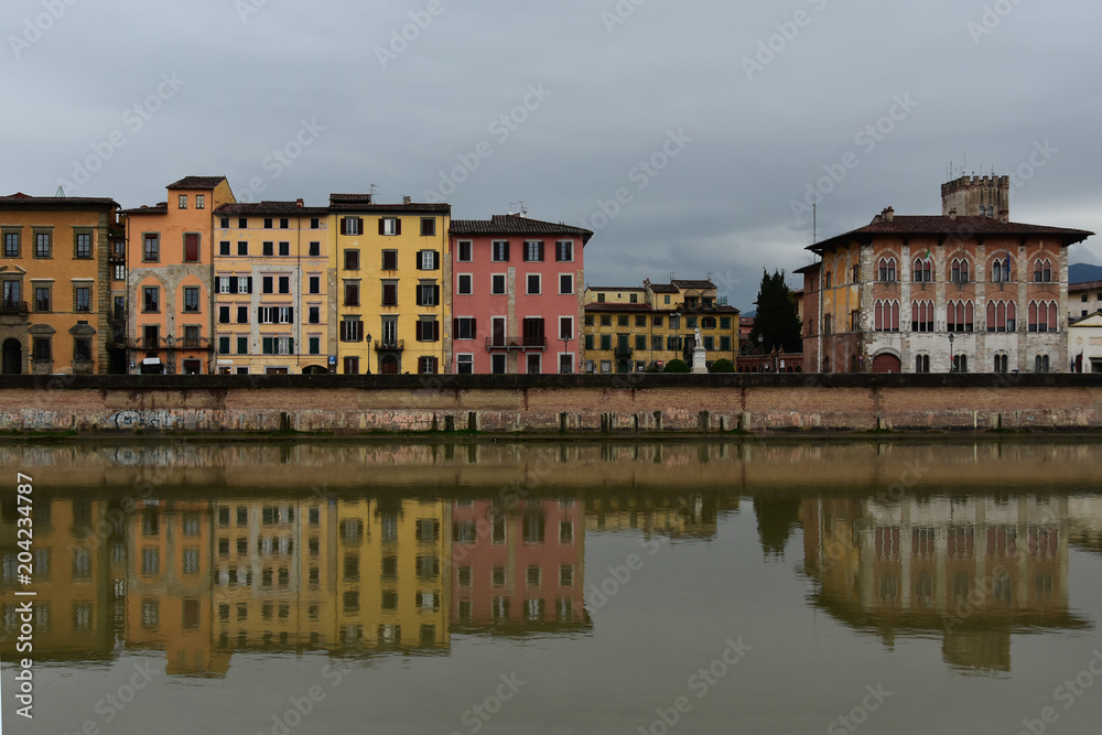 Pisa and Arno River, Italy in a rainy day