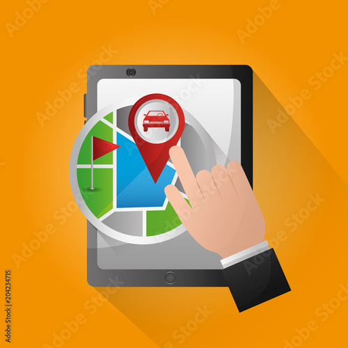 gps navigation application orange background hand pointed screen sticker location car ubication vector illustration