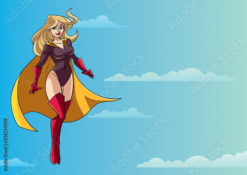 Full length illustration of determined and powerful superheroine wearing yellow cape while flying during mission against sky background for copy space.