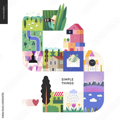 Simple things - color set - flat cartoon vector illustration of hunter, grass, sheep, river, black lamp, houses, letter, herbarium, clock tower, mountains, sky, clouds and flowers - colour composition