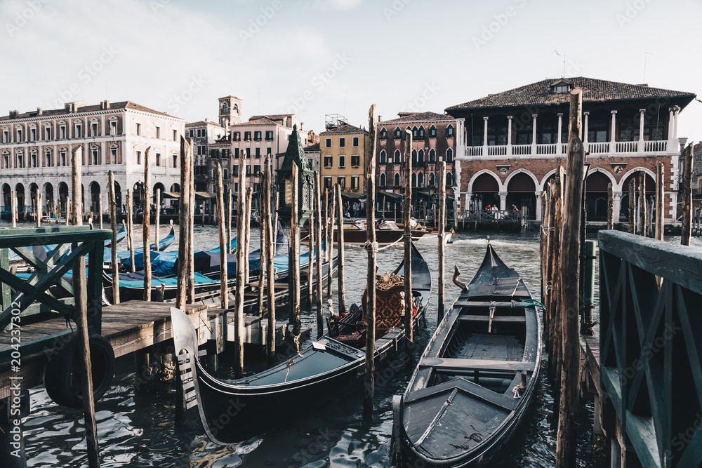 view of oparked gondolas in Grand Canal at Venice