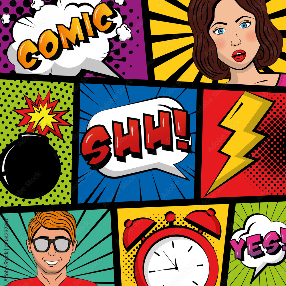 people pop art comic clock crash boom text retro vector illustration ...