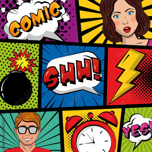 people pop art comic clock crash boom text retro vector illustration