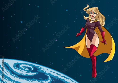 Full length illustration of determined and powerful superheroine wearing yellow cape while flying in the outer space during mission.