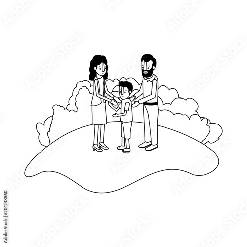 parents couple with son in field landscape vector illustration