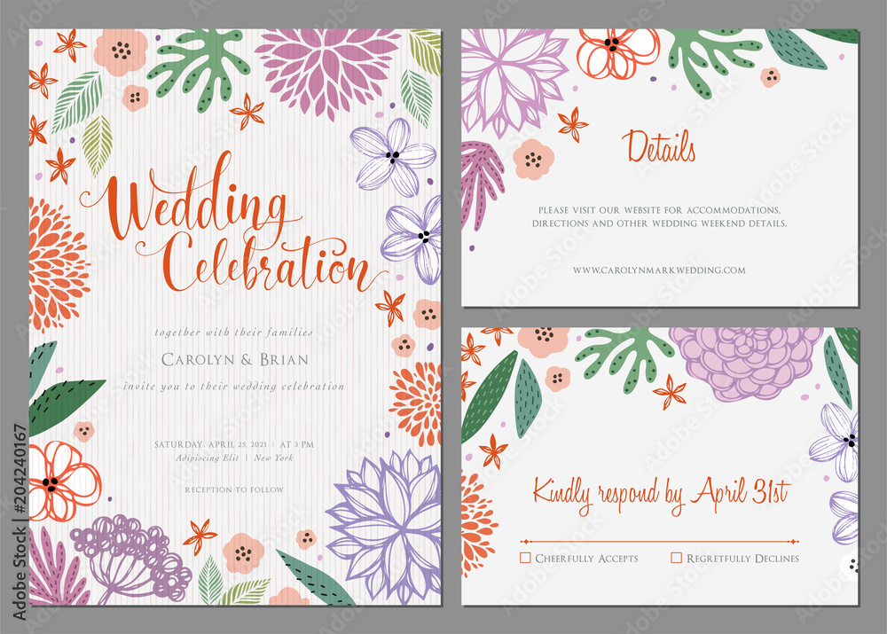 Invitation and universal card design set with floral wreath. Wedding templates. 