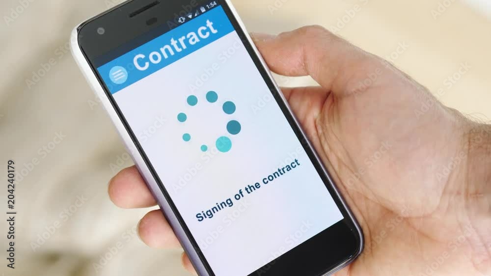 Signing a digital contract on a smartphone device screen.