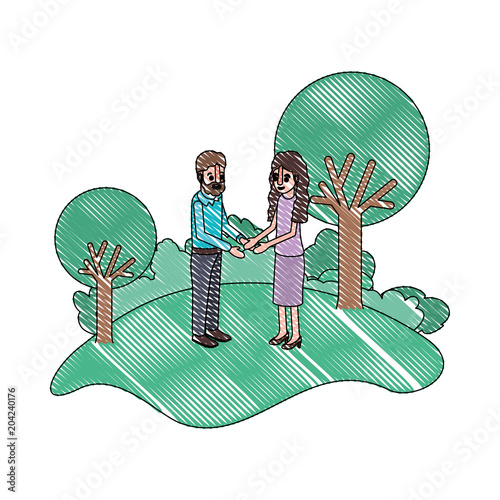 couple isometrics in field landscape avatars characters vector illustration