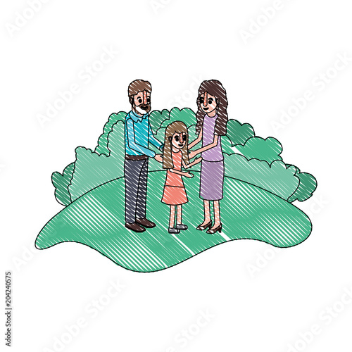 parents couple with daughter in field landscape vector illustration design