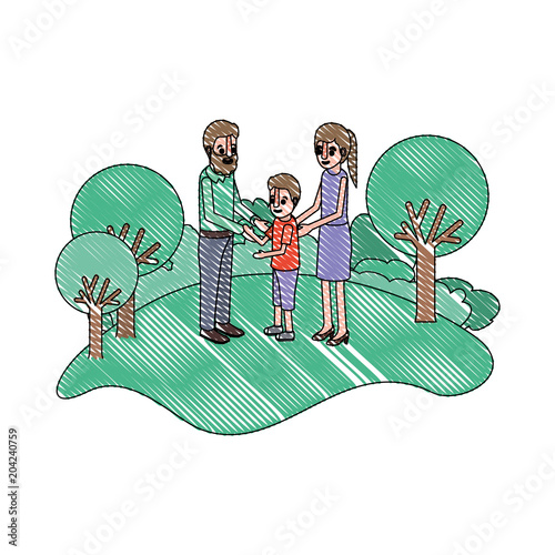 parents couple with son in field landscape vector illustration