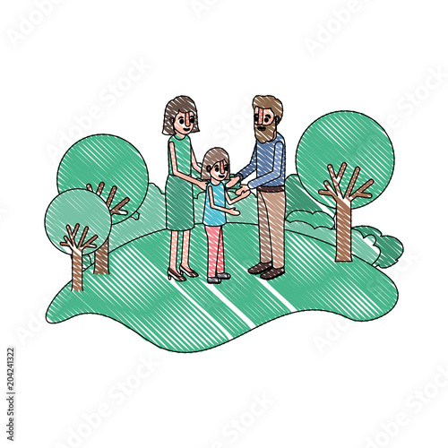 parents couple with daughter in field landscape vector illustration design