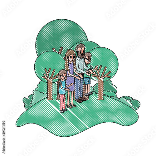 parents couple with son and daughter in field landscape vector illustration