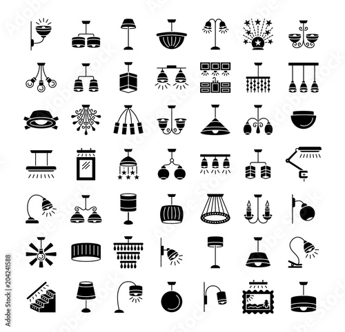 Indoor lighting. Wall, table and ceiling lamps. Home illumination. Vector flat icons.