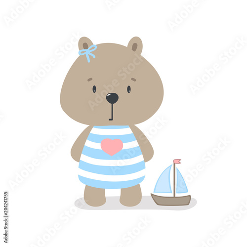 Cute bear sailor with a toy ship cartoon hand drawn vector illustration. Can be used for t-shirt print, kids wear fashion design, baby shower celebration greeting and invitation card.