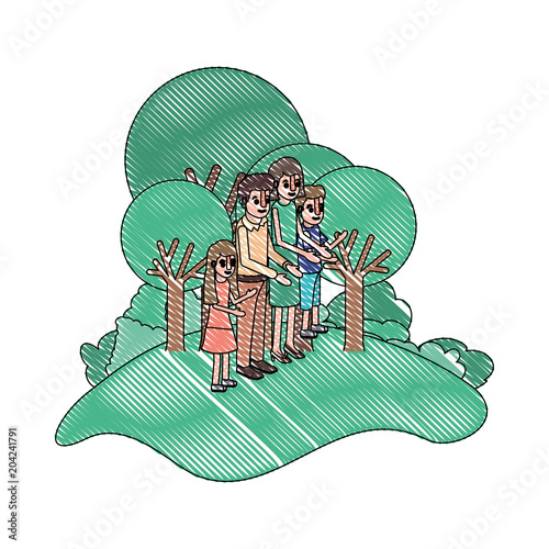 parents couple with son and daughter in field landscape vector illustration