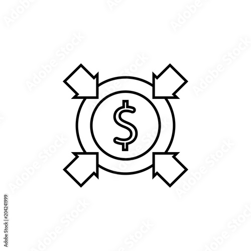 Four arrows dollar sign circle. Line vector icon. Devaluation and inflation. Perfect for web and software interfaces.