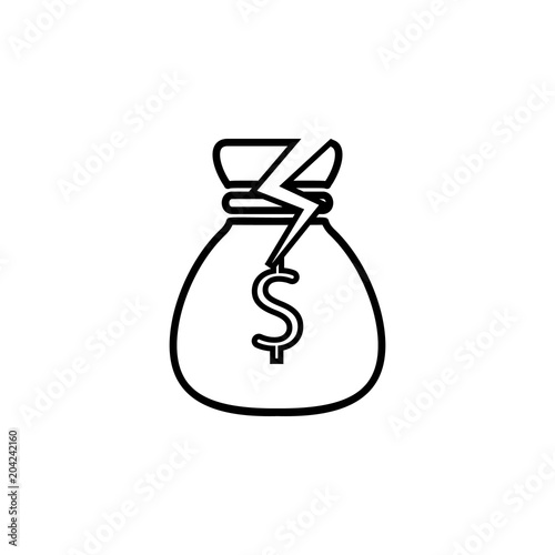 Devaluation and inflation. Broken purse dollar sign vector line icon