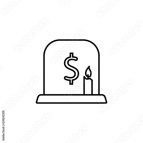 Devaluation and inflation. Gravestone, candle, R.I.P. money dollar sign vector line icon