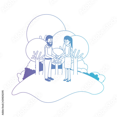 couple isometrics in field landscape avatars characters vector illustration