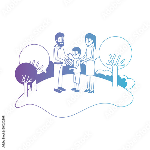 parents couple with son in field landscape vector illustration