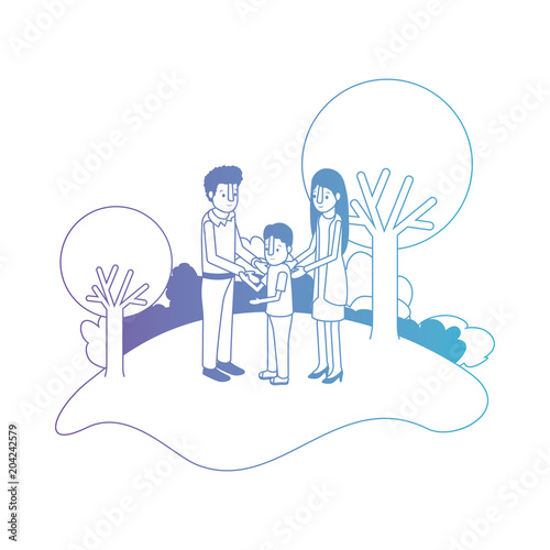 parents couple with son in field landscape vector illustration