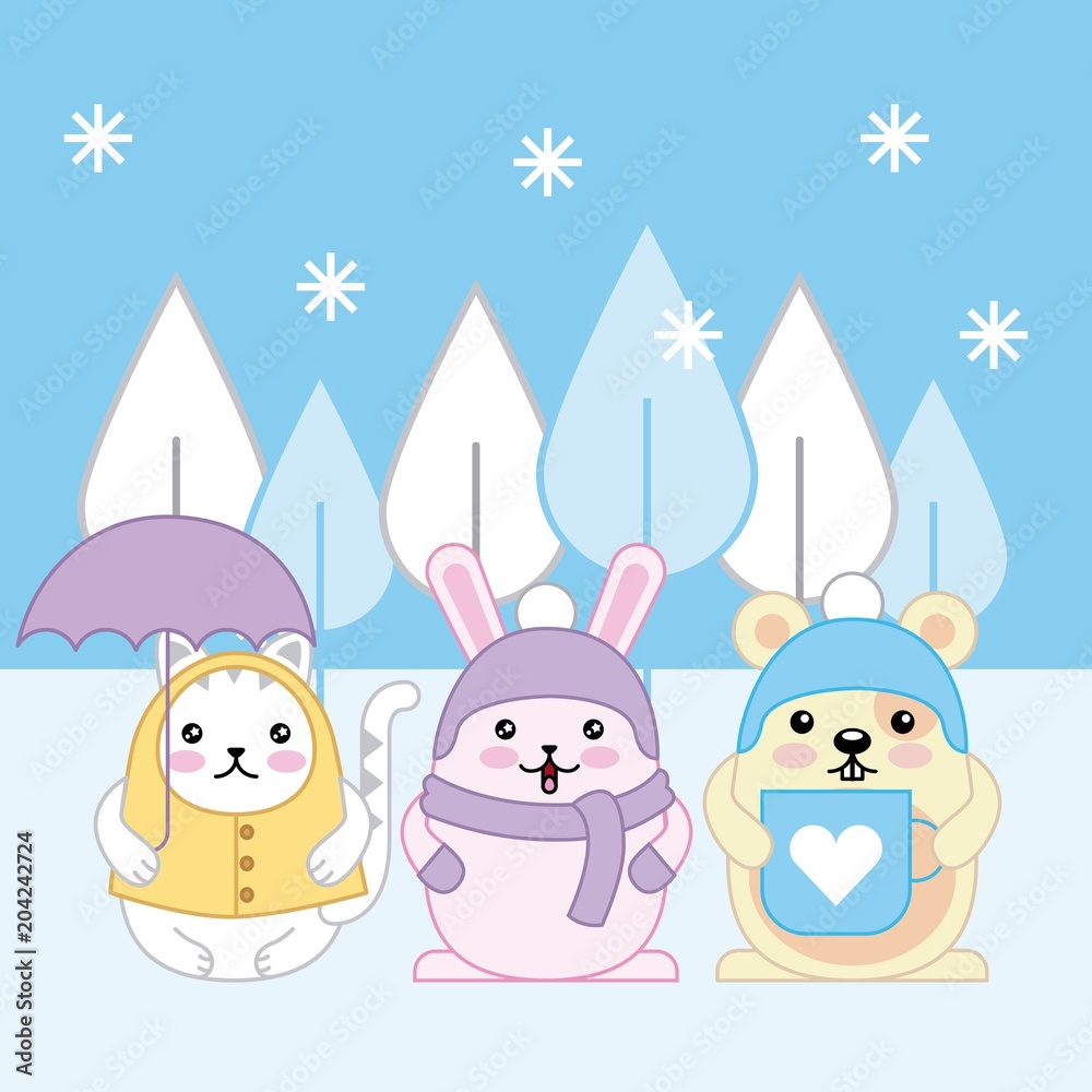 Fototapeta premium kawaii cat rabbit and mouse with winter clothes cartoon vector illustration