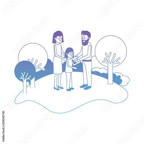 parents couple with daughter in field landscape vector illustration design