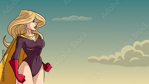 Cartoon illustration of determined and powerful superheroine against sky background for copy space.