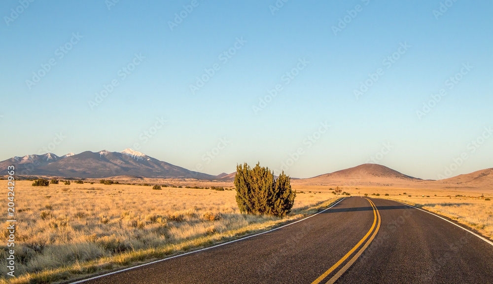 Lonely Road to Flagstaff Arizona with San Francisco peaks