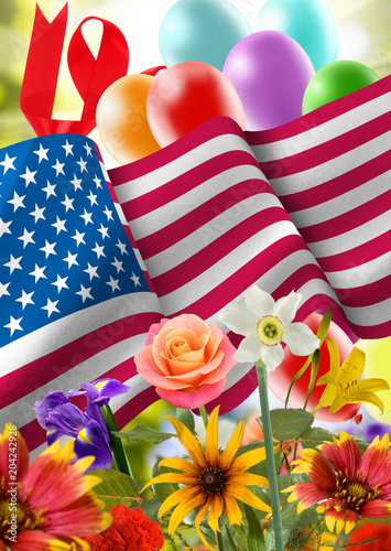 Fototapeta Naklejka Na Ścianę i Meble -  image of the American flag and festive balloons closeup