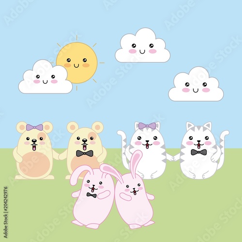 Wallpaper Mural kawaii couples of cats rabbits and mouses cartoon sunny day vector illustration Torontodigital.ca