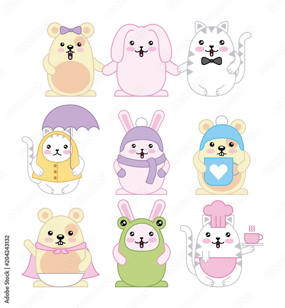 kawaii animals mouse kitty cat and rabbit cartoon vector illustration kawaii animals mouse kitty cat and rabbit cartoon vector illustration