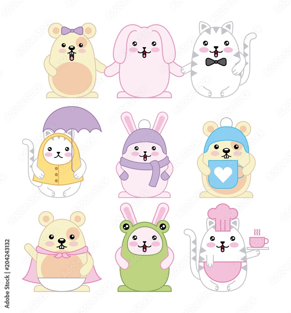 kawaii animals mouse kitty cat and rabbit cartoon vector illustration