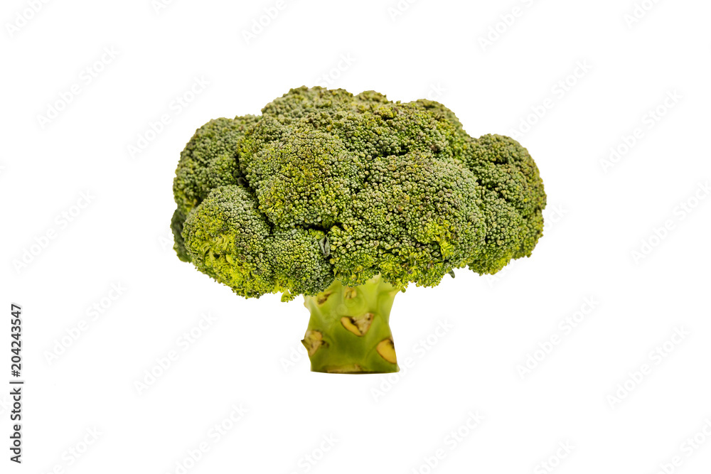 Bright head of broccoli, close-up, isolated on white background Bright head of broccoli, close-up, isolated on white background