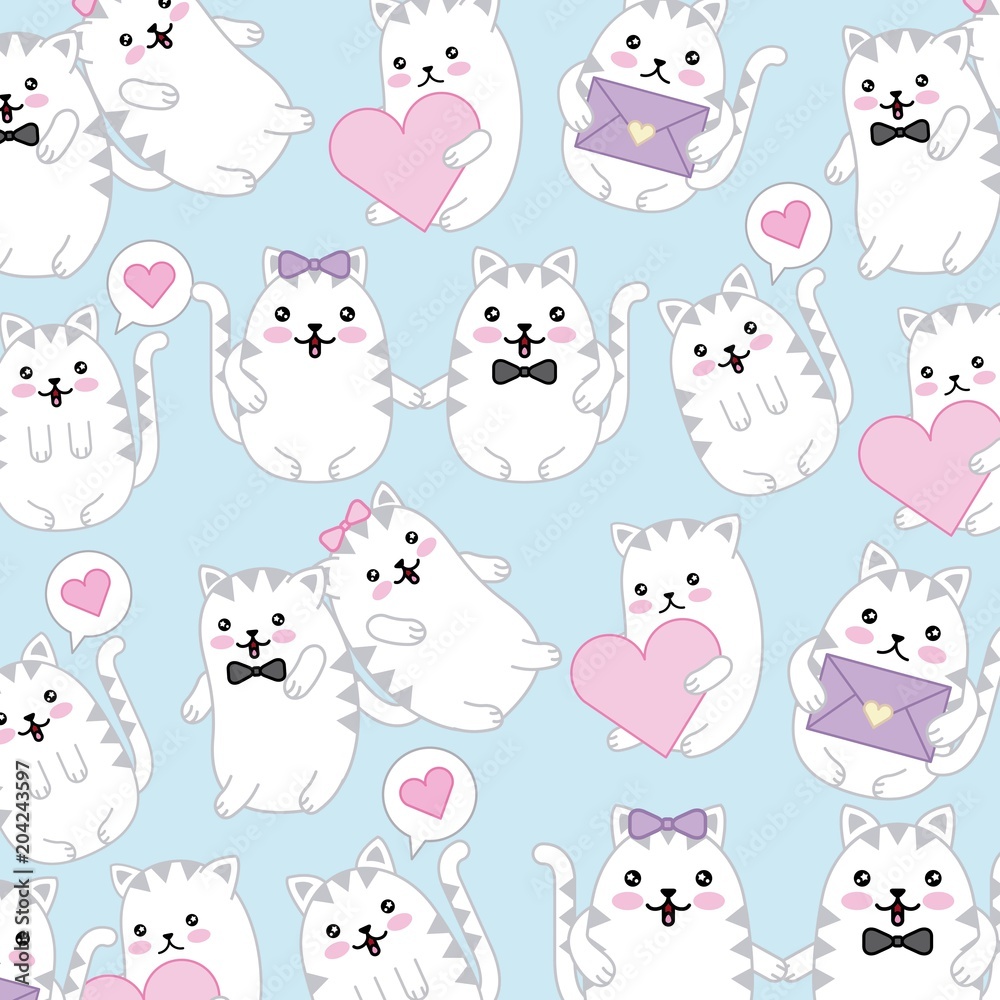 kawaii cute cats speech bubble love hearts wallpaper vector illustration