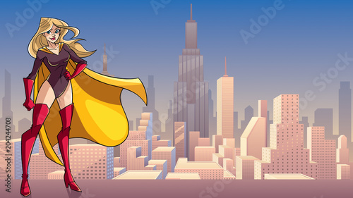 Smiling superheroine standing tall against city background.