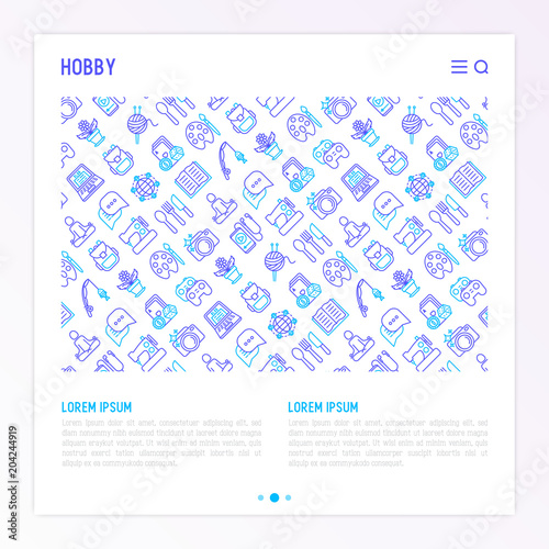 Hobby concept with thin line icons: reading, gaming, gardening, photography, cooking, sewing, fishing, hiking, yoga, travelling, blogging, knitting. Modern vector illustration, print media template.