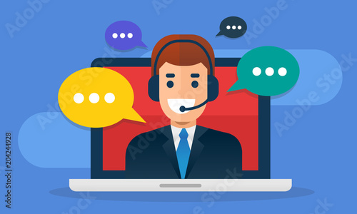Call center avatar wearing headset  on screen laptop with bubble message. Flat vector illustration