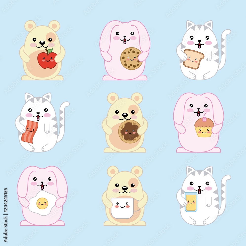 kawaii cat mouse rabbit cartoon holding food vector illustration kawaii cat mouse rabbit cartoon holding food vector illustration