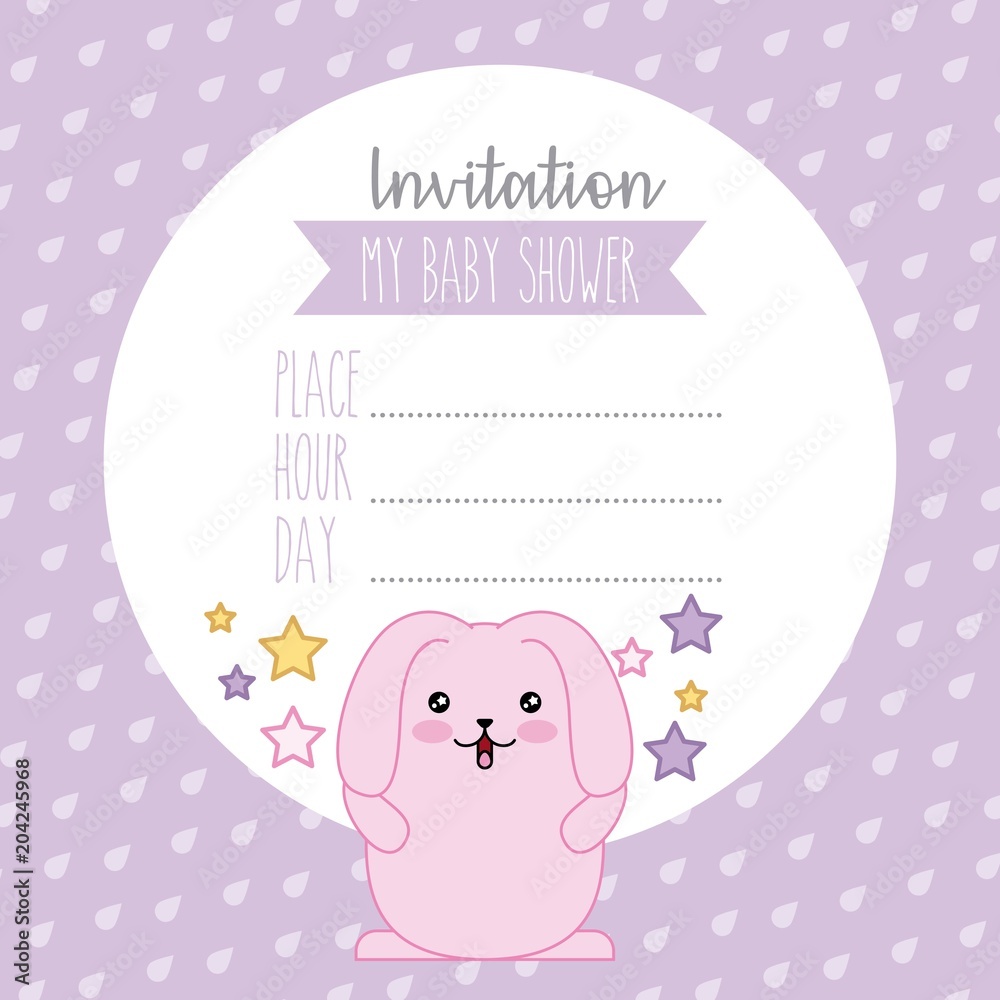 invitation baby shower cute pink rabbit kawaii cartoon vector illustration