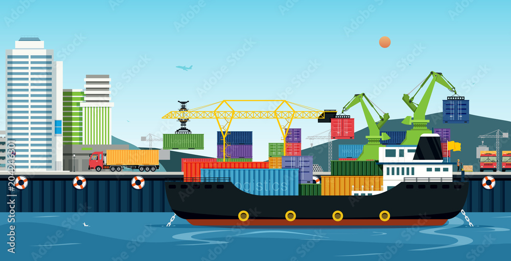 Obraz premium Cranes are moving containers from cargo ships.