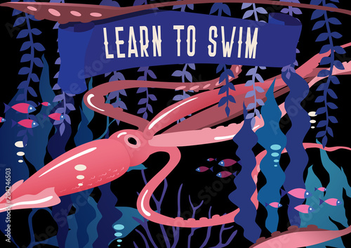 Sea creature vector illustration. Underwater marine fairytale landscape with mythology fantasy character. Bright vintage retro poster in violet colors and slogan "Learn to swim".
