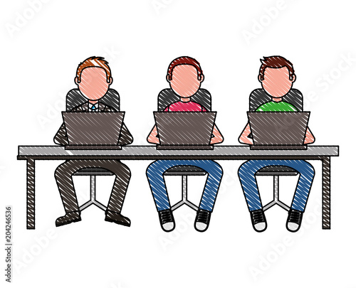 group men sitting behind desk with laptops vector illustration