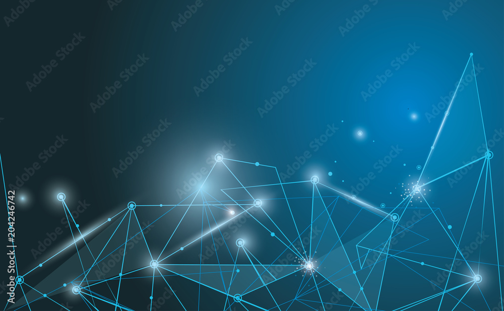 Vector technology background from polygons, light effect on blue, wallpaper.