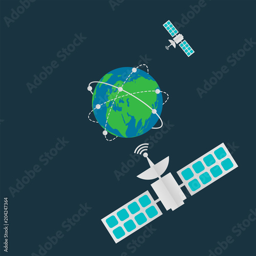 Communication satellites in orbit earth,Digital terrestrial broadcasting antenna spin around the world.vector illustration