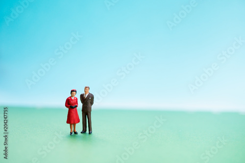 Miniature people, husband and wife standing action using as family concept © jaturonoofer