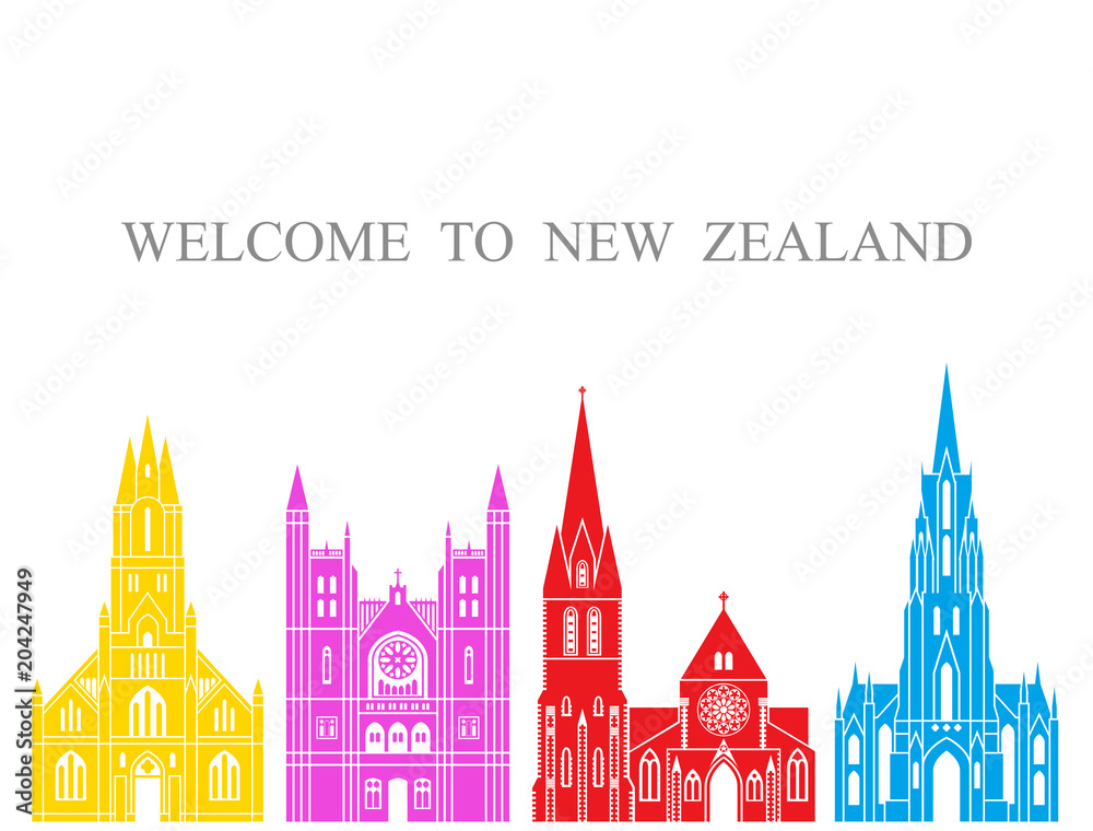 New Zealand set. Isolated New Zealand architecture on white background